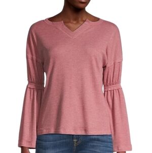 Baea Thermal Waffle Knit Top Womens Large Pink Blush Long Bell Sleeve Split Neck